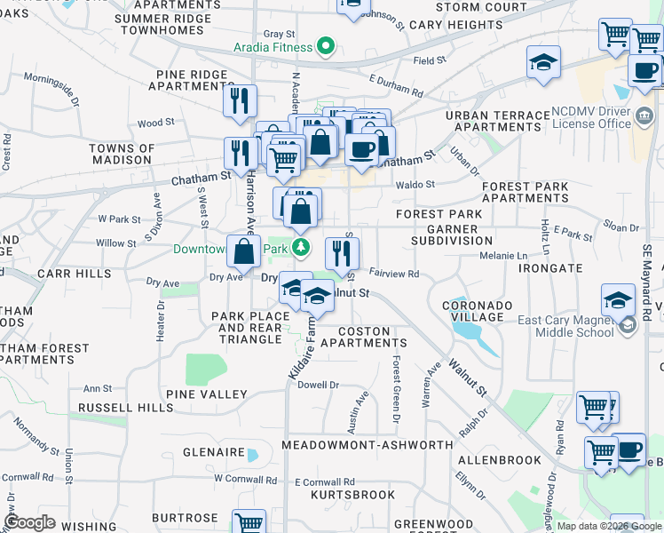 map of restaurants, bars, coffee shops, grocery stores, and more near 370 South Walker Street in Cary