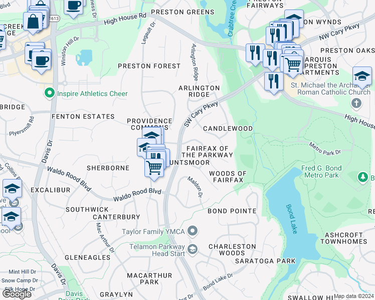 map of restaurants, bars, coffee shops, grocery stores, and more near 102 Rawhide Court in Cary