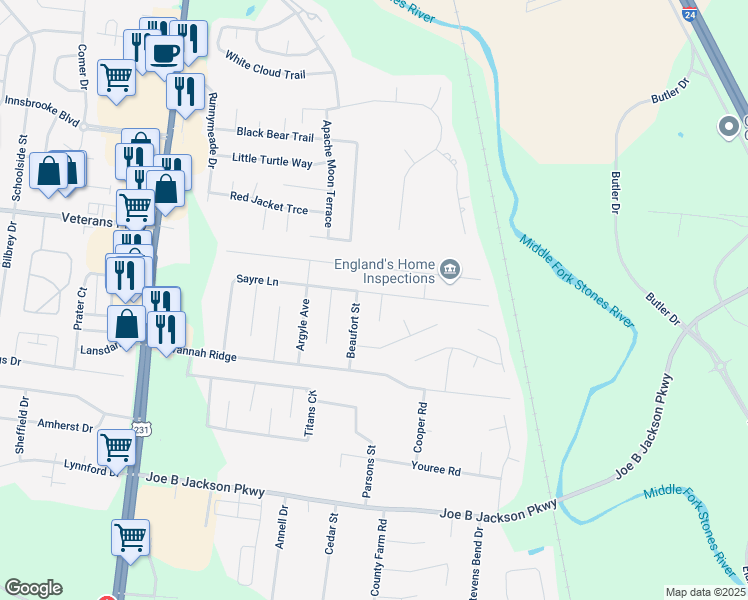 map of restaurants, bars, coffee shops, grocery stores, and more near 339 Sayre Lane in Murfreesboro