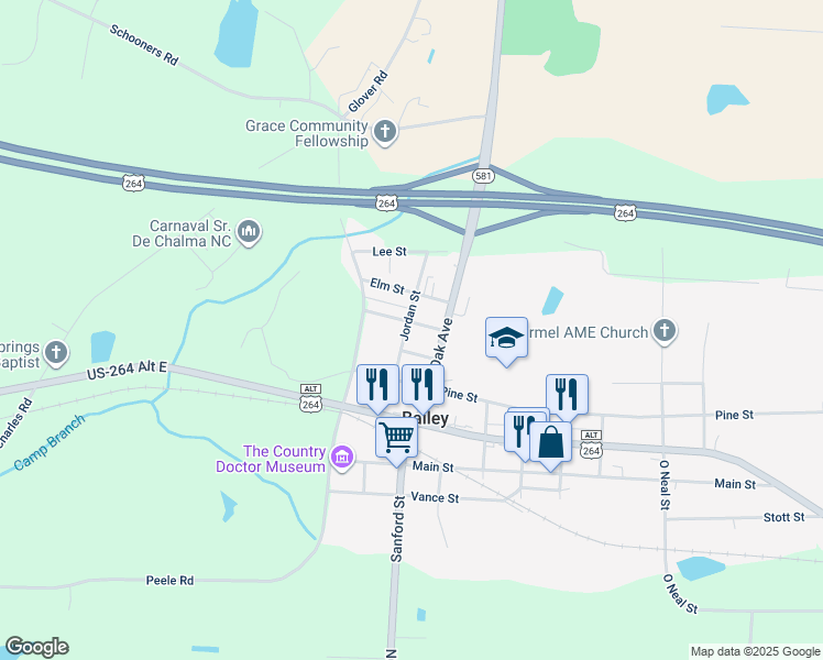 map of restaurants, bars, coffee shops, grocery stores, and more near 12223 Jordan Street in Bailey