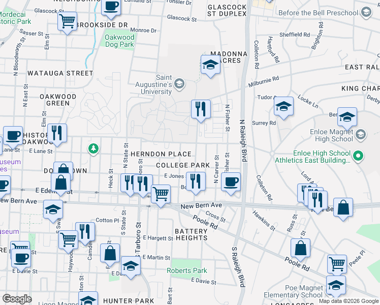map of restaurants, bars, coffee shops, grocery stores, and more near 1512 Oakwood Avenue in Raleigh