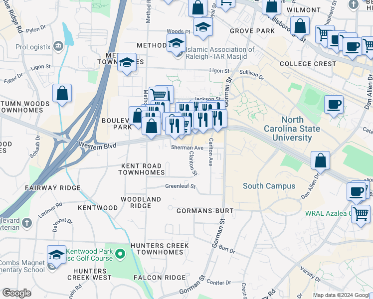 map of restaurants, bars, coffee shops, grocery stores, and more near 3905 Western Boulevard in Raleigh