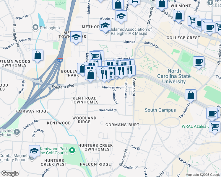 map of restaurants, bars, coffee shops, grocery stores, and more near 3905 Western Boulevard in Raleigh
