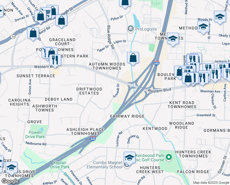 map of restaurants, bars, coffee shops, grocery stores, and more near 1014 Schaub Drive in Raleigh