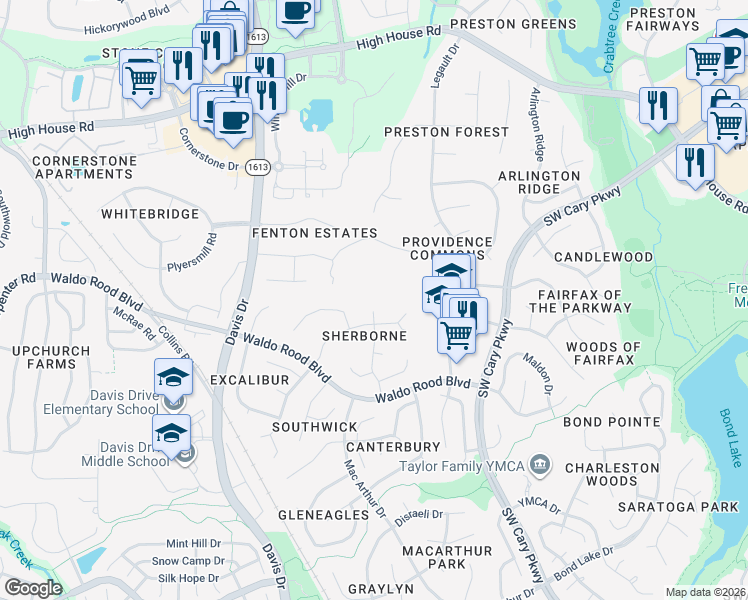 map of restaurants, bars, coffee shops, grocery stores, and more near 305 Breckenwood Drive in Cary