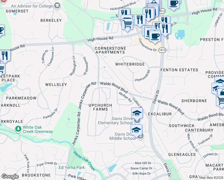 map of restaurants, bars, coffee shops, grocery stores, and more near 115 Hilda Grace Lane in Cary