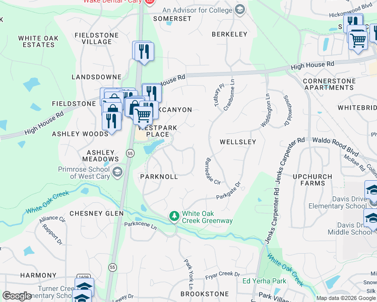 map of restaurants, bars, coffee shops, grocery stores, and more near 107 Parkmeadow Drive in Cary