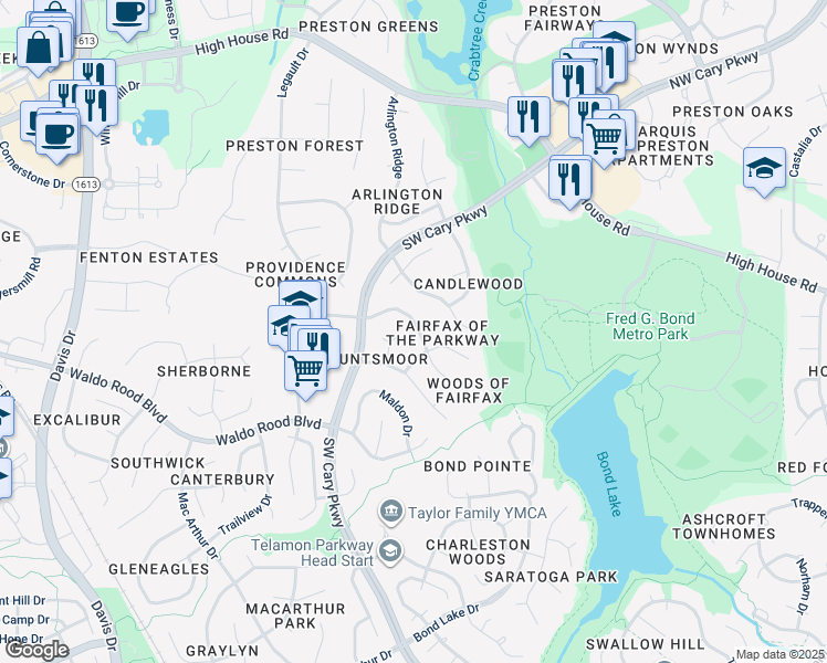 map of restaurants, bars, coffee shops, grocery stores, and more near 116 Fairfax Lane in Cary