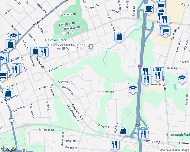 map of restaurants, bars, coffee shops, grocery stores, and more near 453 Heathcote Road in Statesville
