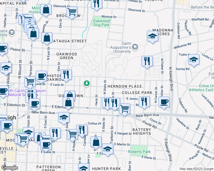 map of restaurants, bars, coffee shops, grocery stores, and more near 300 North State Street in Raleigh