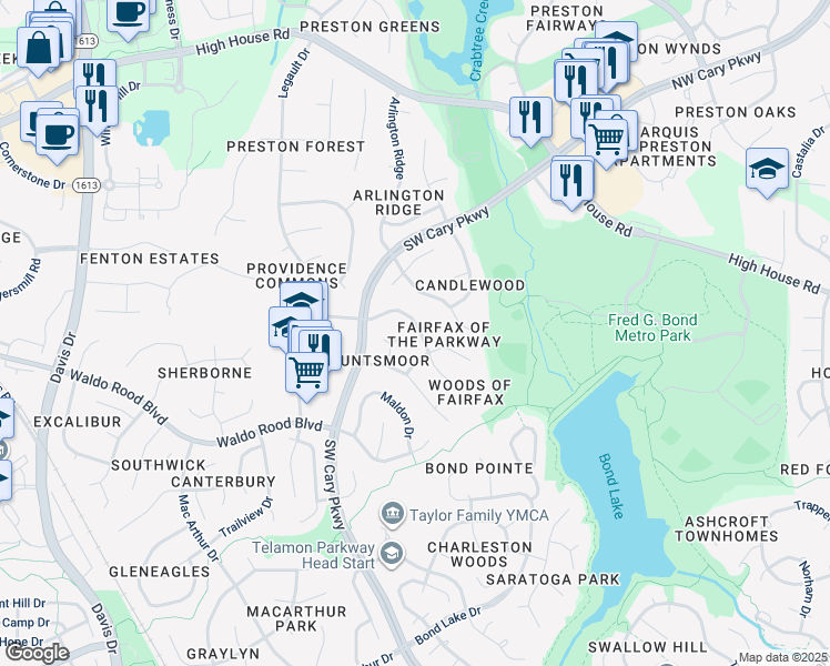 map of restaurants, bars, coffee shops, grocery stores, and more near 116 Fairfax Lane in Cary