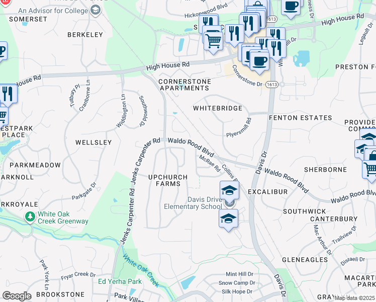 map of restaurants, bars, coffee shops, grocery stores, and more near 115 Hilda Grace Lane in Cary