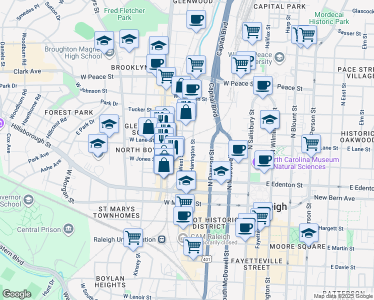 map of restaurants, bars, coffee shops, grocery stores, and more near 251 North Harrington Street in Raleigh