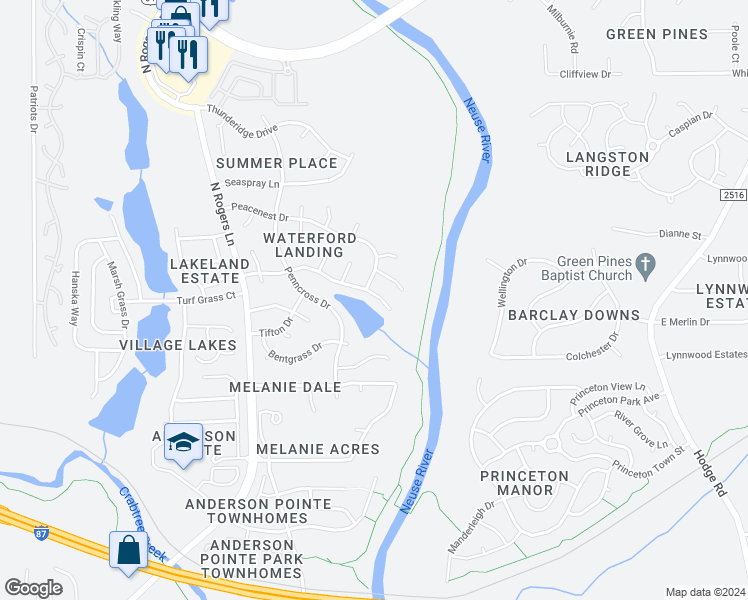map of restaurants, bars, coffee shops, grocery stores, and more near 5804 Brookshadow Drive in Raleigh