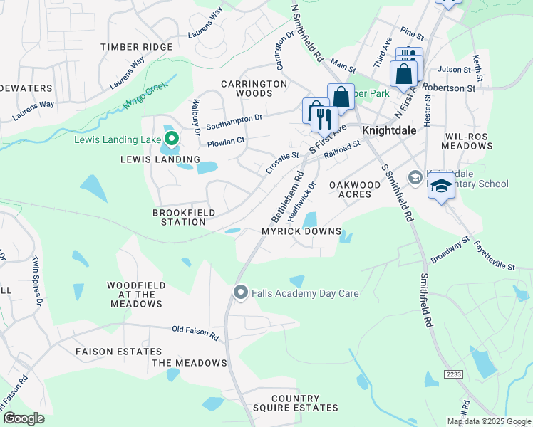map of restaurants, bars, coffee shops, grocery stores, and more near 332 Bethlehem Road in Knightdale