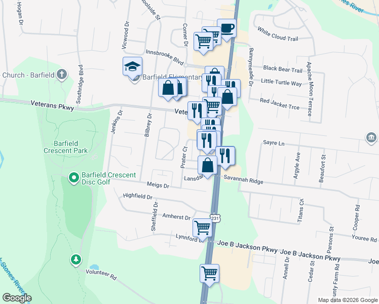 map of restaurants, bars, coffee shops, grocery stores, and more near 3010 London View in Murfreesboro