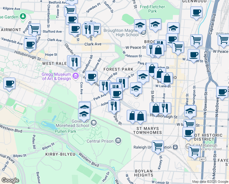 map of restaurants, bars, coffee shops, grocery stores, and more near 1305 College Place in Raleigh