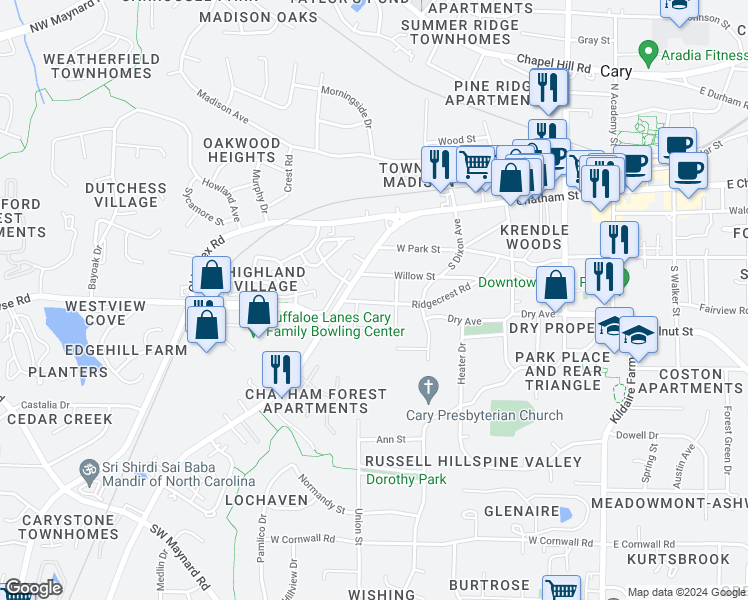 map of restaurants, bars, coffee shops, grocery stores, and more near 506 Ridgecrest Road in Cary