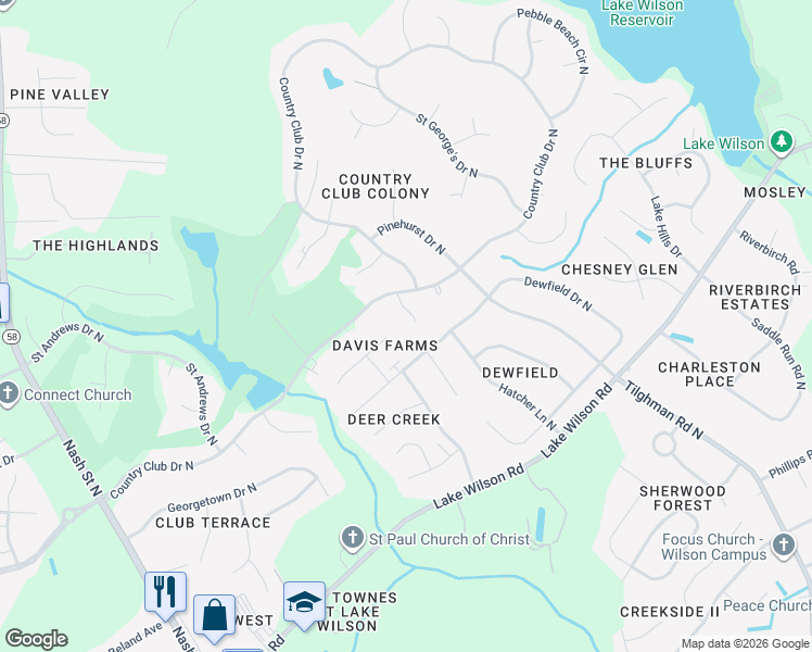 map of restaurants, bars, coffee shops, grocery stores, and more near 4504 Firestone Lane North in Wilson
