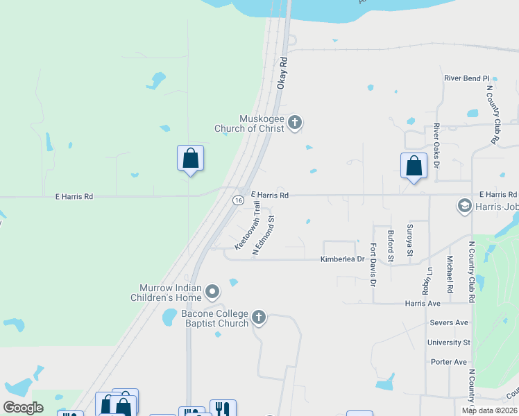 map of restaurants, bars, coffee shops, grocery stores, and more near 2824 North Edmond Street in Muskogee