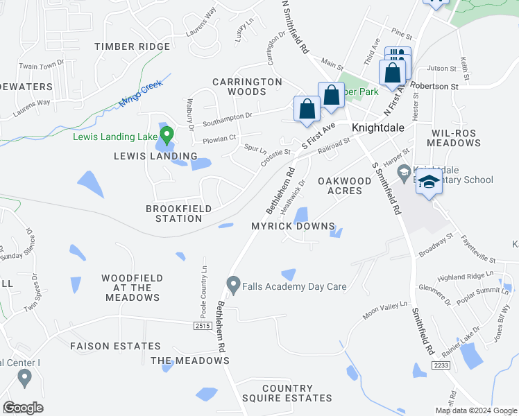 map of restaurants, bars, coffee shops, grocery stores, and more near 344 Bethlehem Road in Knightdale