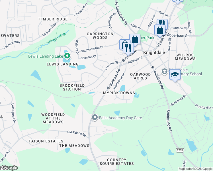 map of restaurants, bars, coffee shops, grocery stores, and more near 340 Bethlehem Road in Knightdale