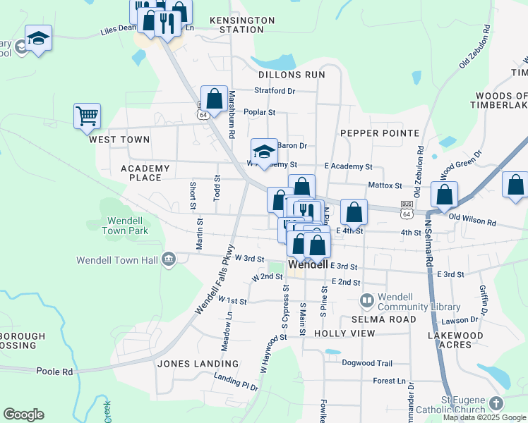map of restaurants, bars, coffee shops, grocery stores, and more near 210 North Magnolia Street in Wendell
