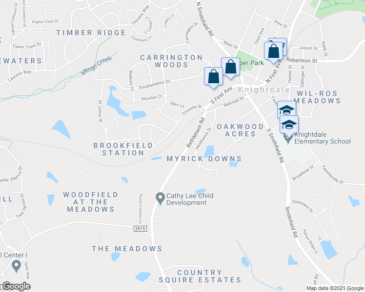 map of restaurants, bars, coffee shops, grocery stores, and more near 340 Bethlehem Road in Knightdale