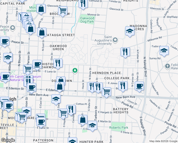 map of restaurants, bars, coffee shops, grocery stores, and more near in Raleigh