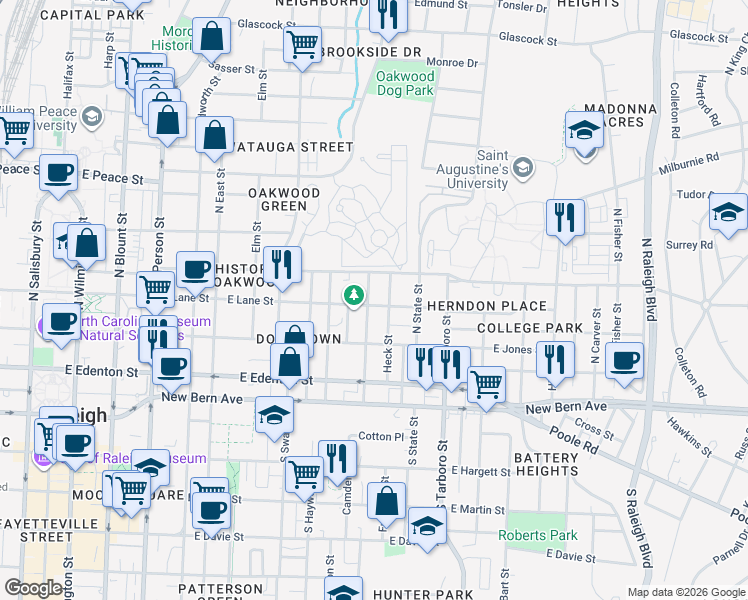 map of restaurants, bars, coffee shops, grocery stores, and more near 310 Idlewild Avenue in Raleigh