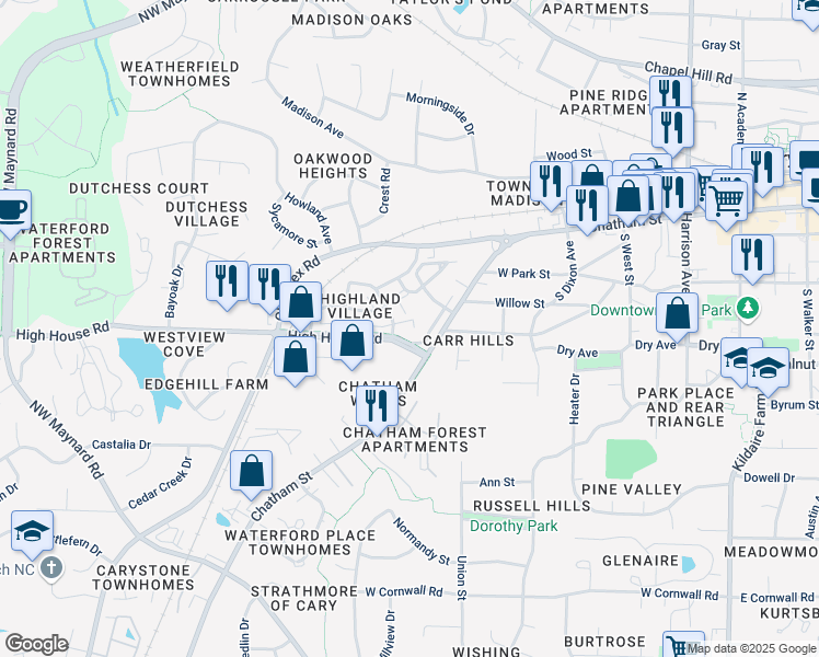 map of restaurants, bars, coffee shops, grocery stores, and more near 613 Samuel Cary Drive in Cary