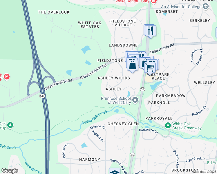 map of restaurants, bars, coffee shops, grocery stores, and more near 310 Caraway Lane in Cary