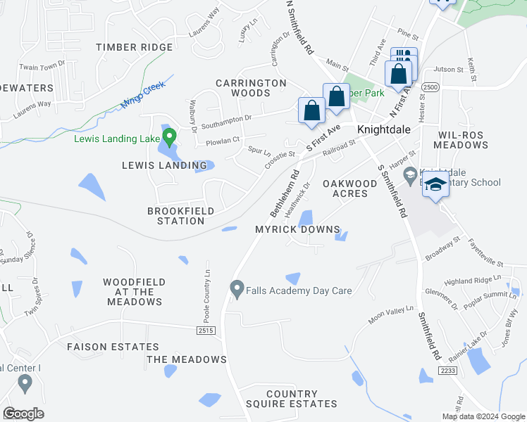 map of restaurants, bars, coffee shops, grocery stores, and more near 342 Bethlehem Road in Knightdale