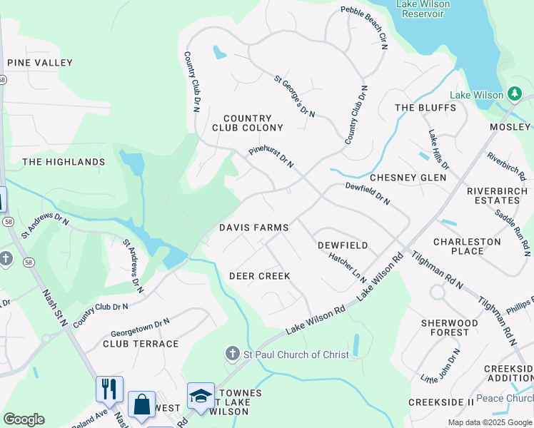 map of restaurants, bars, coffee shops, grocery stores, and more near 4504 Firestone Lane North in Wilson