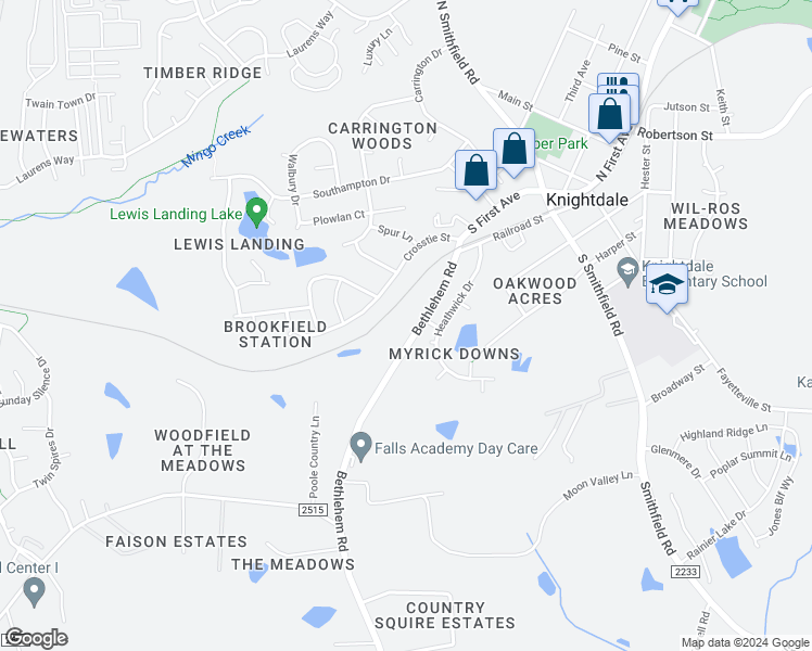 map of restaurants, bars, coffee shops, grocery stores, and more near 332 Bethlehem Road in Knightdale