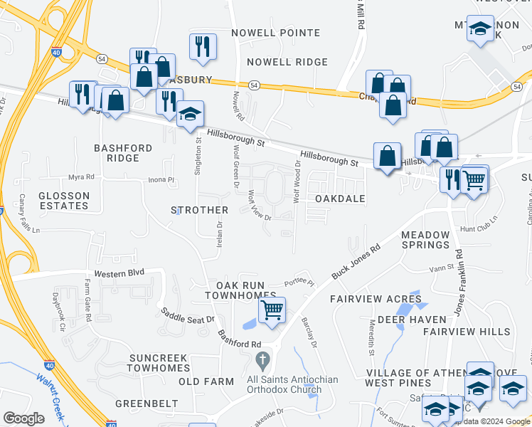 map of restaurants, bars, coffee shops, grocery stores, and more near 309 Wolf Den Lane in Raleigh
