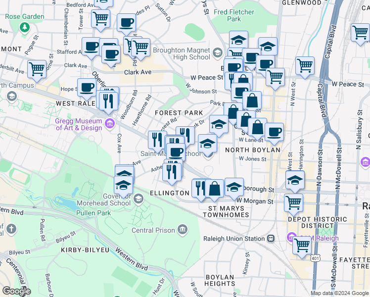 map of restaurants, bars, coffee shops, grocery stores, and more near 116 East Park Drive in Raleigh