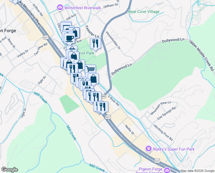 map of restaurants, bars, coffee shops, grocery stores, and more near 231 Dollywood Ln in Pigeon Forge