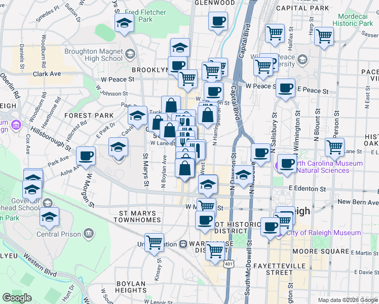 map of restaurants, bars, coffee shops, grocery stores, and more near 222 Glenwood Avenue in Raleigh