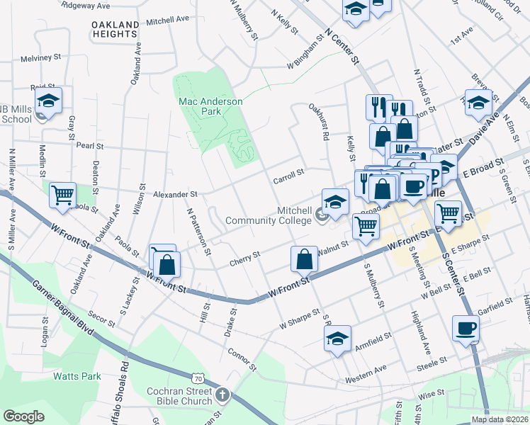 map of restaurants, bars, coffee shops, grocery stores, and more near 622 West End Avenue in Statesville