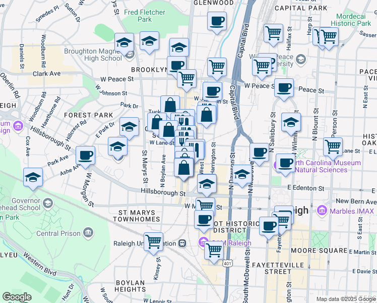map of restaurants, bars, coffee shops, grocery stores, and more near 222 Glenwood Avenue in Raleigh