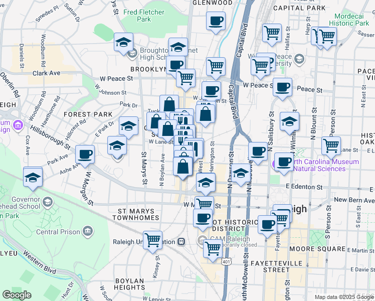 map of restaurants, bars, coffee shops, grocery stores, and more near 222 Glenwood Avenue in Raleigh