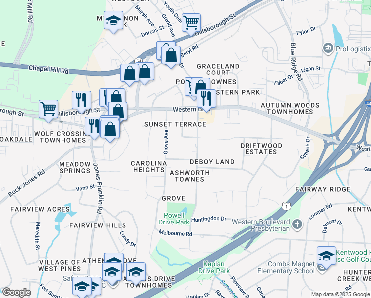 map of restaurants, bars, coffee shops, grocery stores, and more near 612 Powell Drive in Raleigh