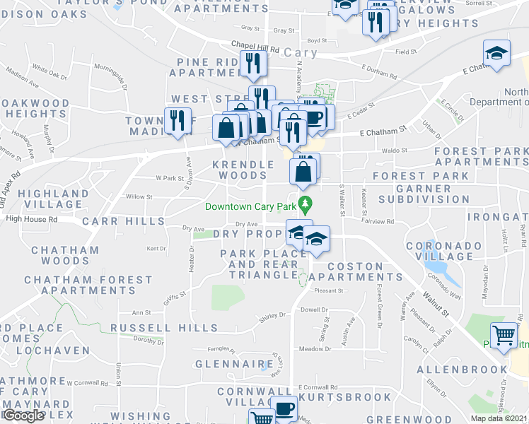 map of restaurants, bars, coffee shops, grocery stores, and more near 93 Awesome Street in Cary