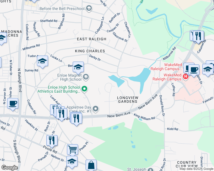 map of restaurants, bars, coffee shops, grocery stores, and more near 416 Dickens Drive in Raleigh