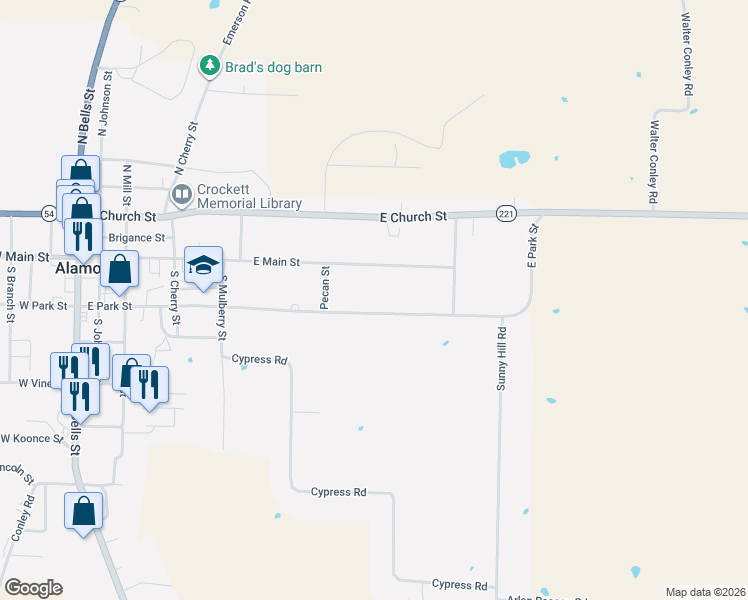 map of restaurants, bars, coffee shops, grocery stores, and more near 745 East Park Street in Alamo