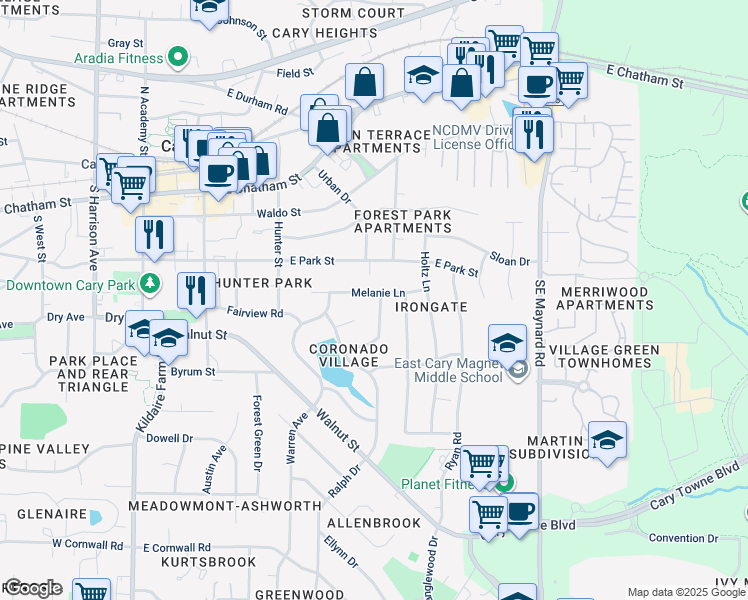 map of restaurants, bars, coffee shops, grocery stores, and more near 100 Penny Lane in Cary
