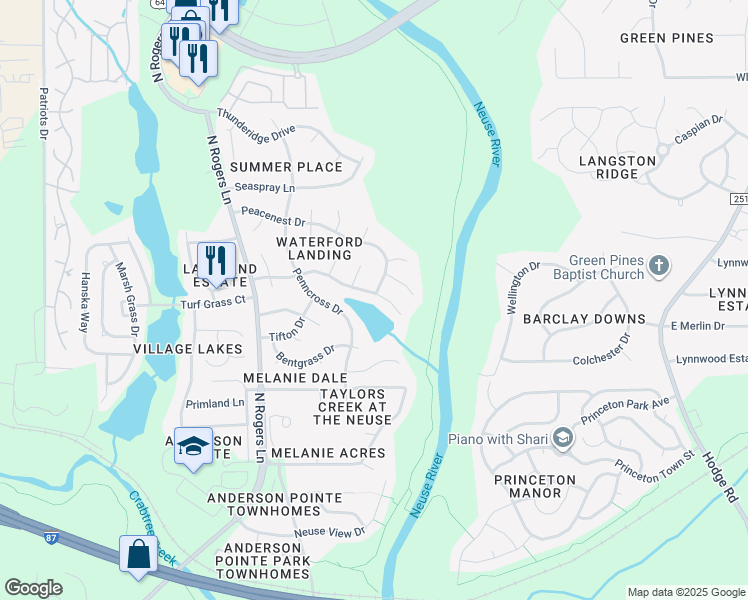 map of restaurants, bars, coffee shops, grocery stores, and more near 5801 Brookshadow Drive in Raleigh