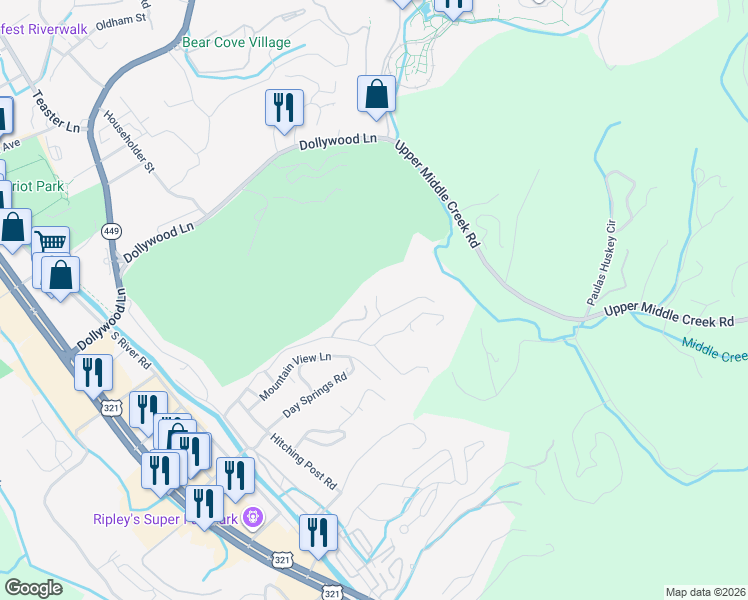map of restaurants, bars, coffee shops, grocery stores, and more near 617 Cedar Road in Pigeon Forge