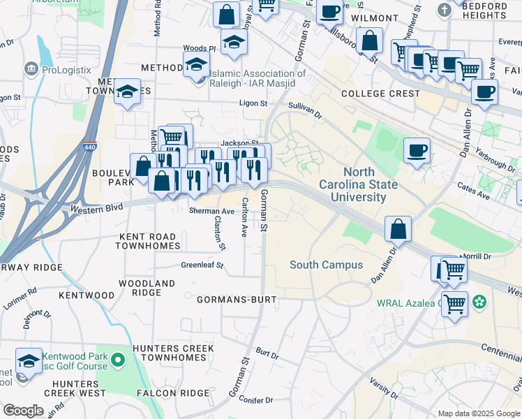 map of restaurants, bars, coffee shops, grocery stores, and more near 1014 Gorman Street in Raleigh